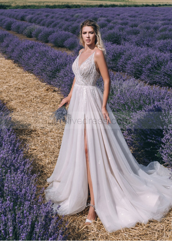 V Neck Ivory Sparkly Lace Tulle Side Slit Wedding Dress